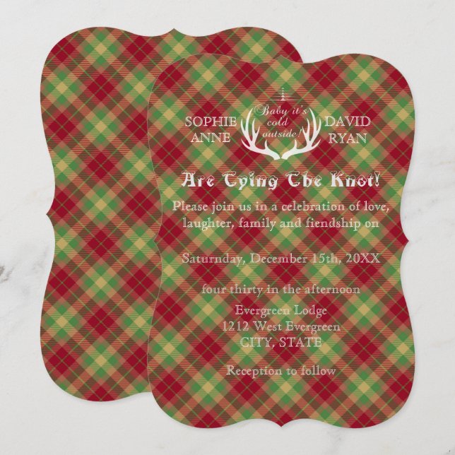 Antlers Red and Green Kariert Wedding Einladung (Vorne/Hinten)