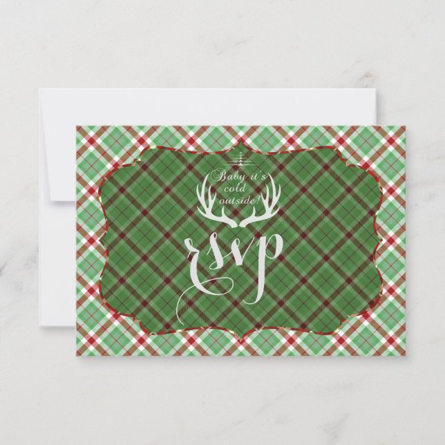 Antlers Red Green Kariert Wedding RSVP (Vorderseite)