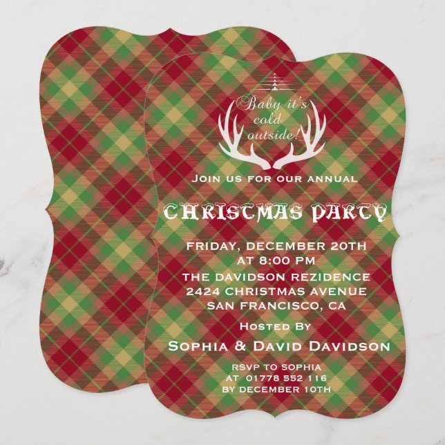 Antlers Red Green Plaid Christmas Party Invitation (Devant / Derrière)