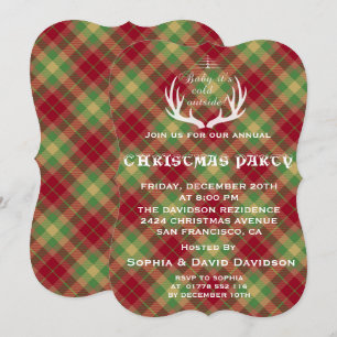 Antlers Red Green Plaid Christmas Party Invitation