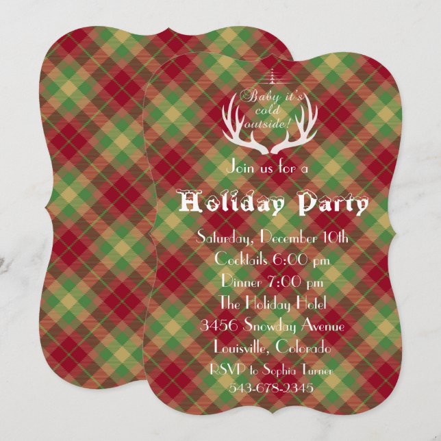 Antlers Red Green Plaid Fête Invitation (Devant / Derrière)