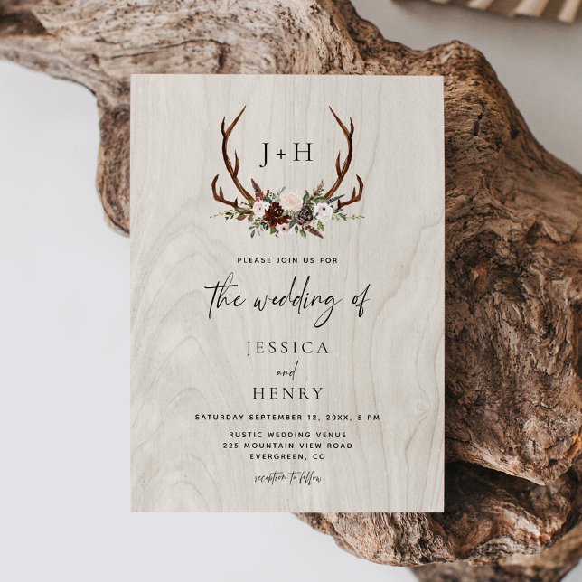 Antlers Rustic Wood Boho Wedding Einladung (Von Creator hochgeladen)