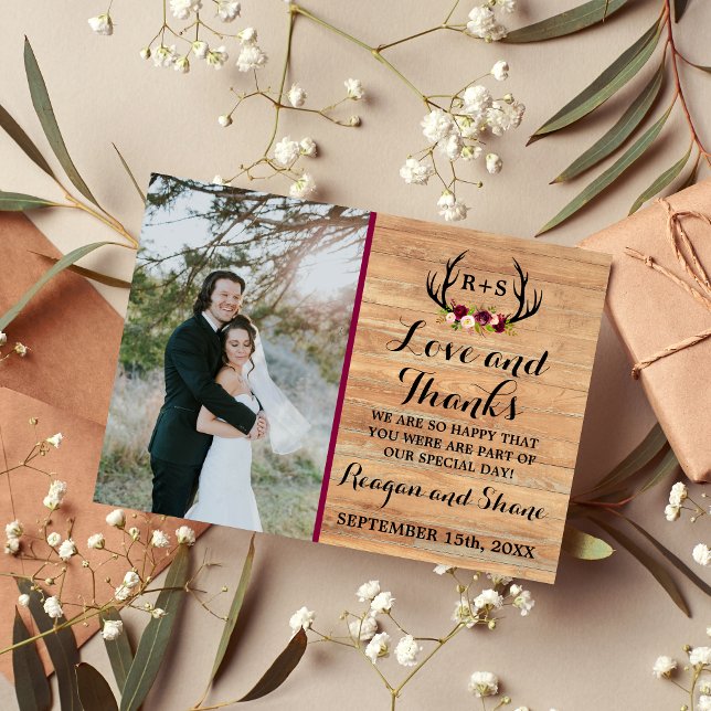 Antlers Rustiques Floral Bourgogne Merci en bois (Créateur téléchargé)