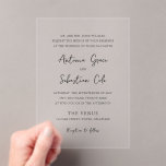 Antonia Black and White Elegante Wedding Acryleinladungen<br><div class="desc">Elegante Hochzeitseinladungen mit einem einfachen Design mit Skript- und Serif-Schriftart.</div>