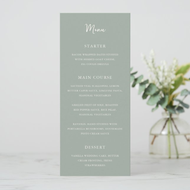Antonia Sage Green Elegant Wedding Menükarte (Stehend Vorderseite)