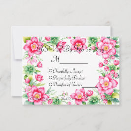 Antwort-Karte mit rosa Blume und Optionen für die  RSVP Karte