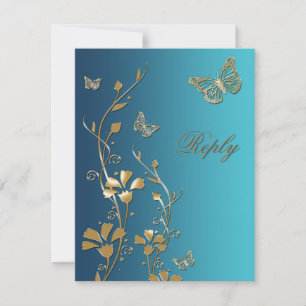 Antwortkarte für aquamarine und Gold-Blume und Sch Einladung