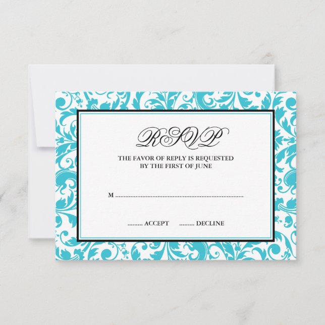 Antwortkarte für aquamarine und schwarze wirbelnde RSVP karte (Vorderseite)