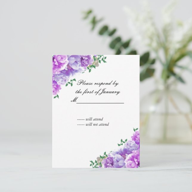 Antwortkarte für Minimalistische violette Blumen RSVP Karte (Stehend Vorderseite)