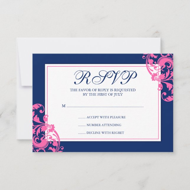 Antwortkarte für Navy Blue and Pink Geblüht Wirbel RSVP Karte (Vorderseite)