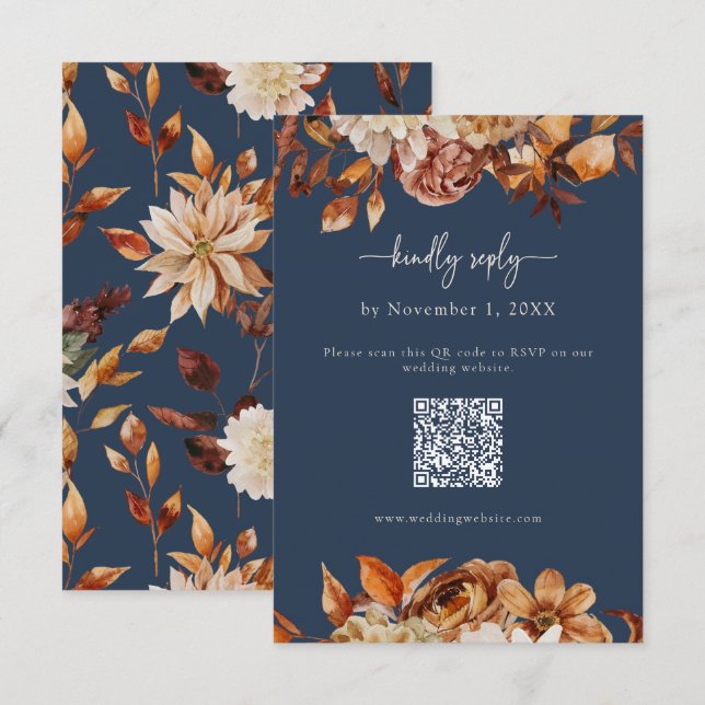 Antwortkarte für Navy Blue Herbstlaubs RSVP Karte (Vorne/Hinten)