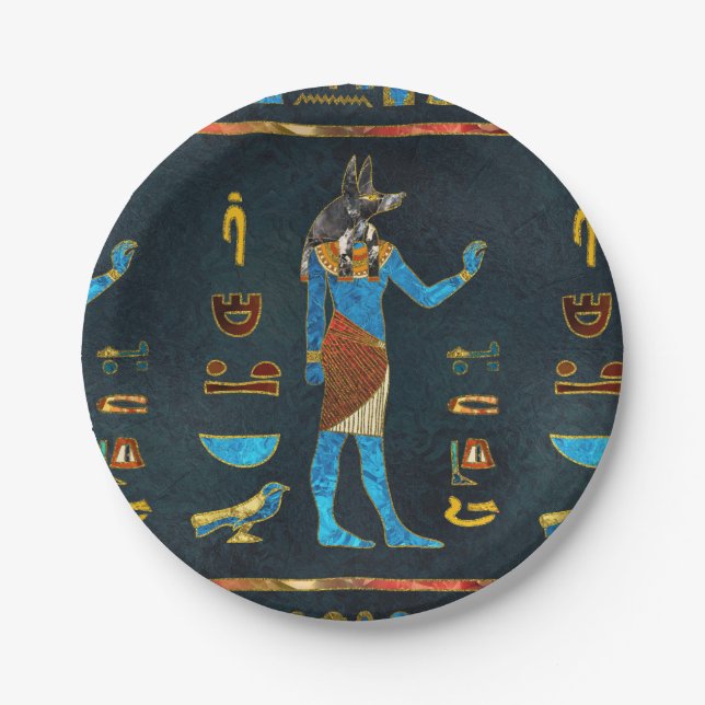 Anubis ägyptisches Gold-, Blaues und Rotesglas Pappteller (Vorderseite)