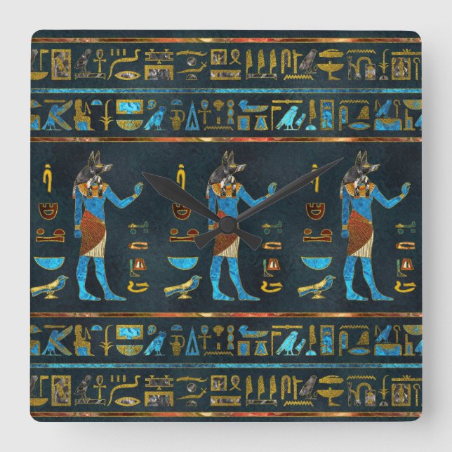 Anubis ägyptisches Gold-, Blaues und Rotesglas Quadratische Wanduhr (Vorderseite)