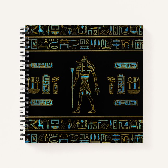 Anubis Ägyptisches Gold und blaues Buntglas Notizbuch (Vorderseite)