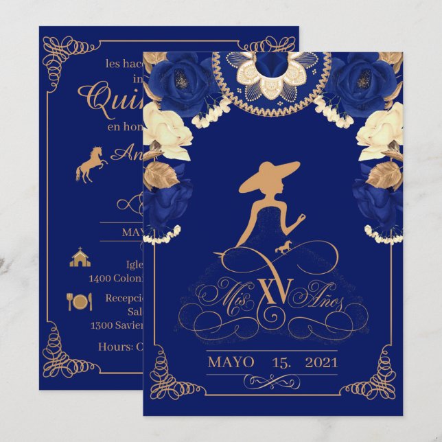 Anuncio Charro Einladung, in Navy Blue und Gold Ankündigung (Vorne/Hinten)