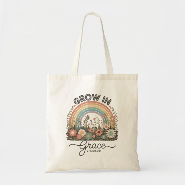 Anwachsen in Grace Christliche Verse Retro Regenbo Tragetasche (Vorne)