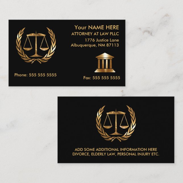 Anwalt bei Law Black und Gold Telefonnummerkarte (Vorne/Hinten)