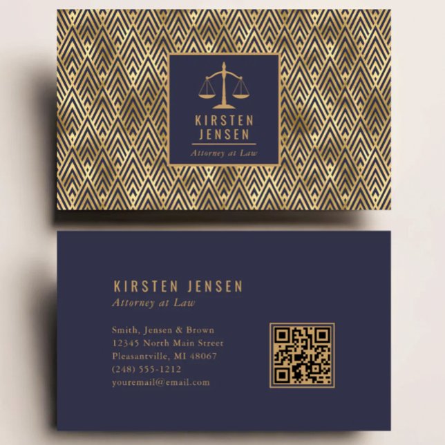 Anwalt QR-Code Blau Gold Geometrisches Deco-Muster Visitenkarte (Von Creator hochgeladen)