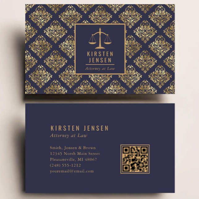 Anwalts-QR-Code Dunkelblau-Gold-Damaskus-Muster Visitenkarte (Von Creator hochgeladen)