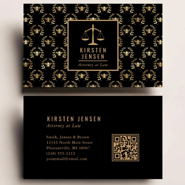 Anwalts-QR-Code Schwarz Gold Biene Lorbeer Muster Visitenkarte (Von Creator hochgeladen)