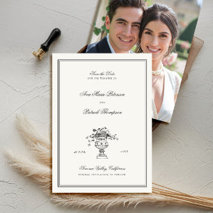 Anwesen Floral Elegantes Schwarzes Foto Hochzeit Save The Date