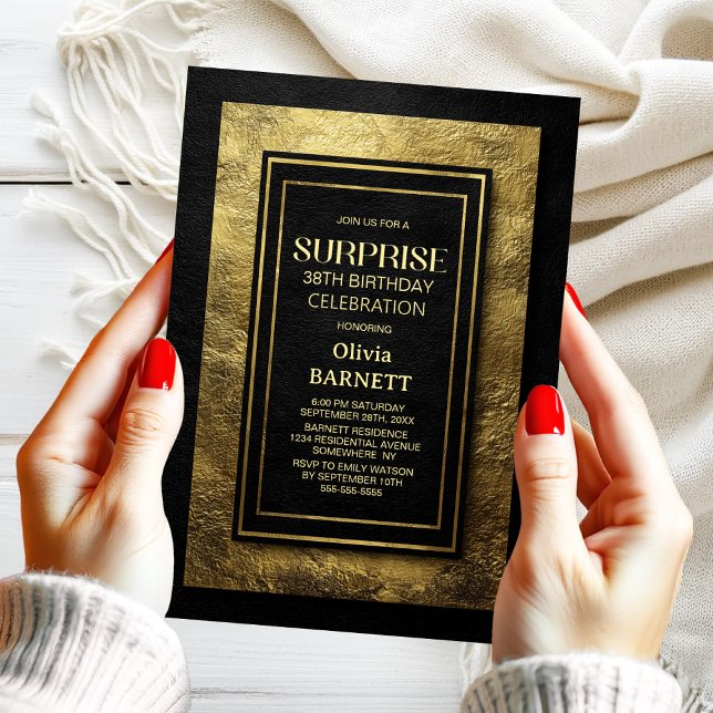 Any Age Black Gold Surprise Birthday Party Einladung (Von Creator hochgeladen)
