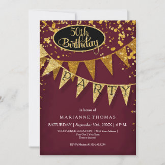 Any Birthday Burgundy Gold Pennant Banner Confetti Einladung