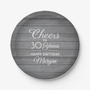 ANY Birthday Cheers Rustic Wood Elegant Gray White Pappteller
