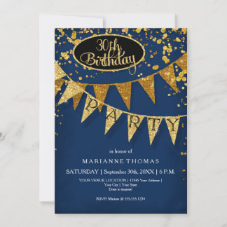 Any Birthday Navy Blue Pennant Banner Confetti Einladung