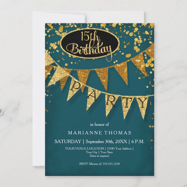 Any Birthday Peacock Blue Gold Confetti Pennant Einladung (Vorderseite)