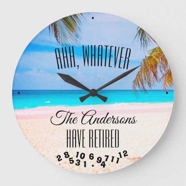Any Family Name Funny Paare Retirement Beach  Große Wanduhr (Vorderseite)
