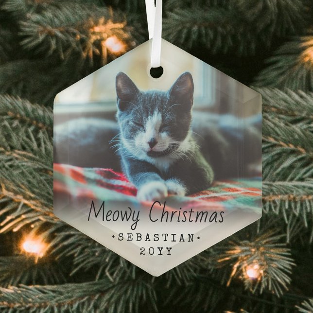 Any Text MeowChristmas Cat Simple Hexagon Foto Ornament Aus Glas (Von Creator hochgeladen)