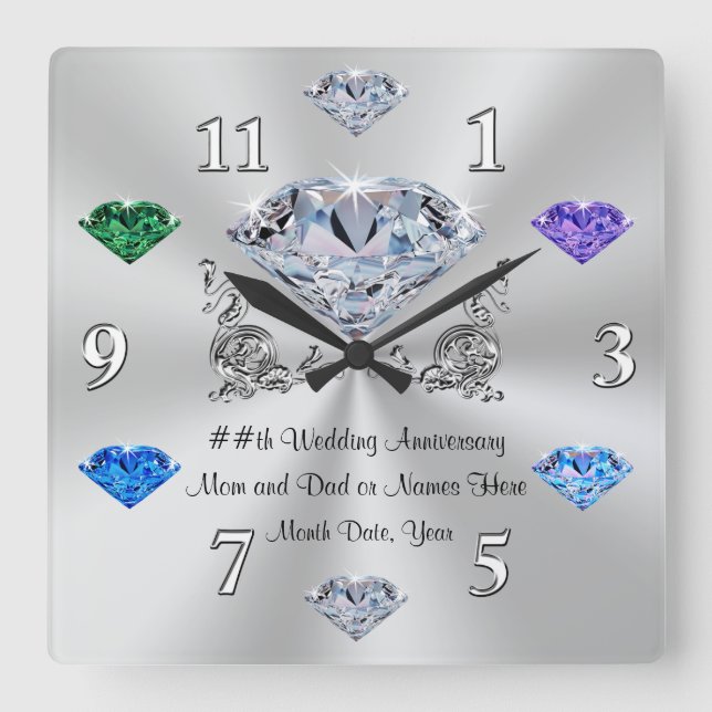 Any YEAR Anniversary Ohrts for Eltern, Birthstone Quadratische Wanduhr (Vorderseite)