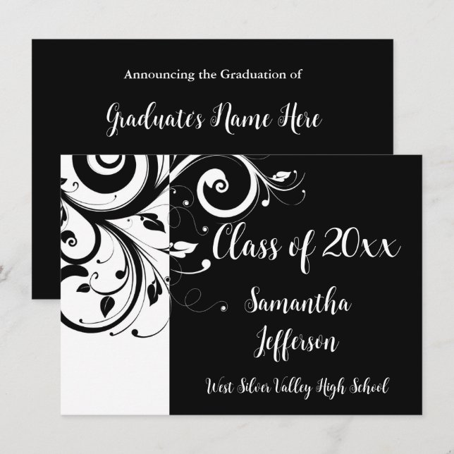 Any Year ~ Luxury Black/White Swirl Graduation Einladung (Vorne/Hinten)