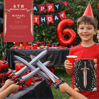 Any Year Swords Red Birthday Party Invitation Einladung