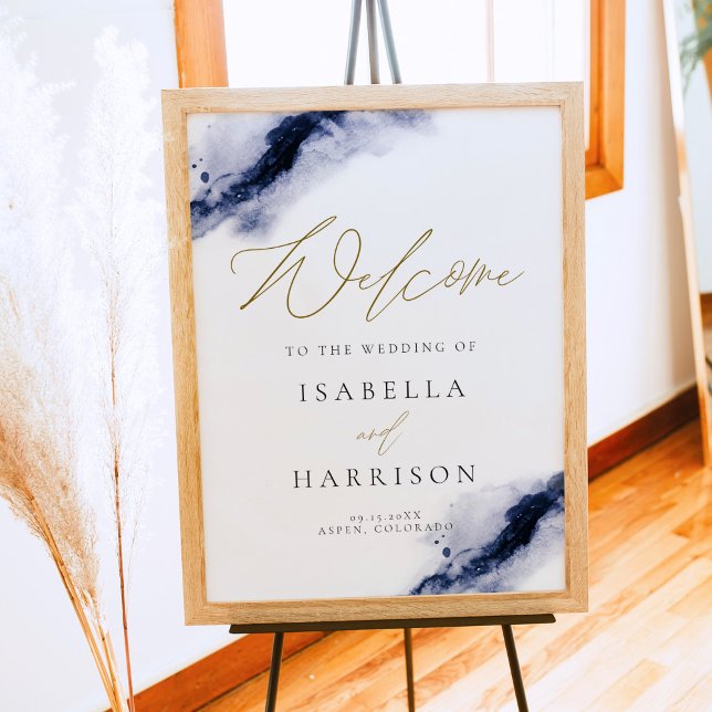 ANYA | Navy Blue Watercolor Splash Gold Willkommen Poster (Von Creator hochgeladen)