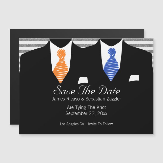 Anzug und Krawatte Blau / Orange Save the Date Magneteinladung (Vorne/Hinten)