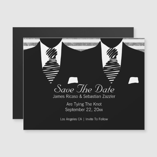 Anzug und Krawatte Gay Save the Date Hochzeit Magneteinladung (Vorne/Hinten)