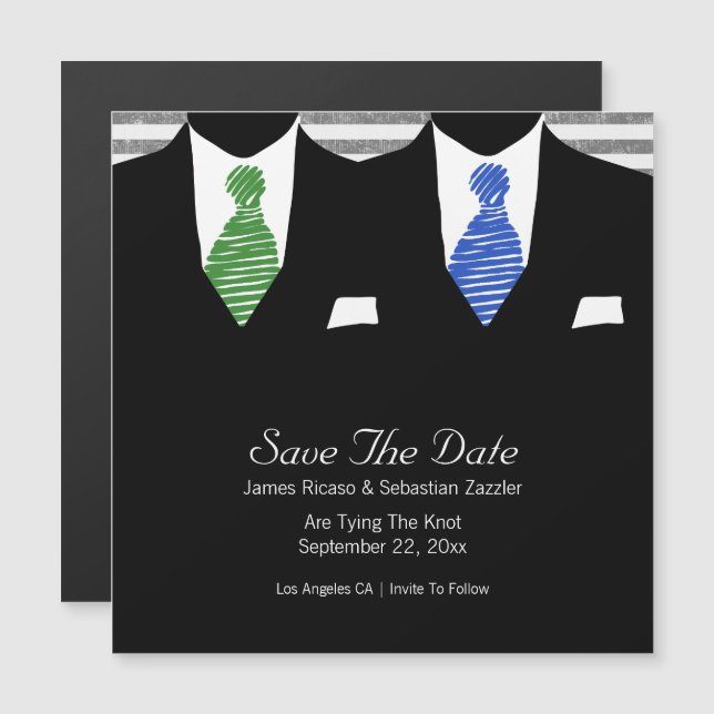 Anzug und Krawatte Gay Save the Date Hochzeit Magneteinladung (Vorne/Hinten)