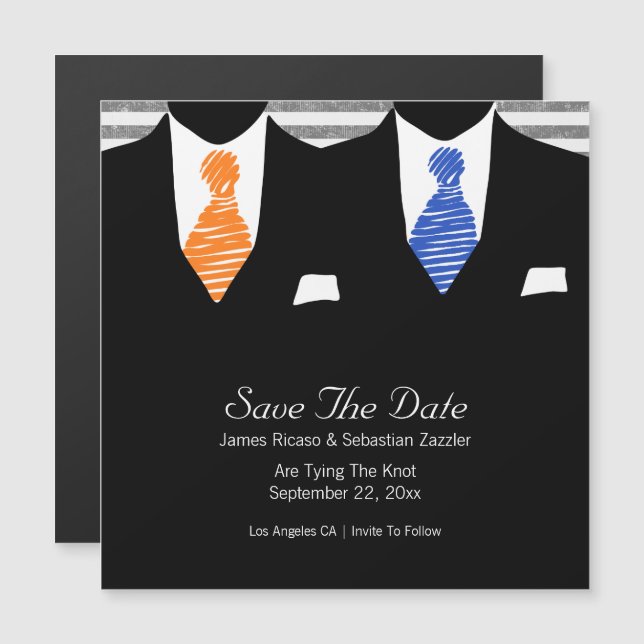 Anzug und Krawatte Gay Save the Date Mr & Mr Weddi Magneteinladung (Vorne/Hinten)