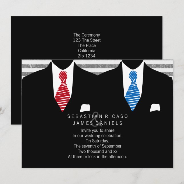 Anzug und Krawatte Gay Wedding (Blue Red) Einladung (Vorne/Hinten)