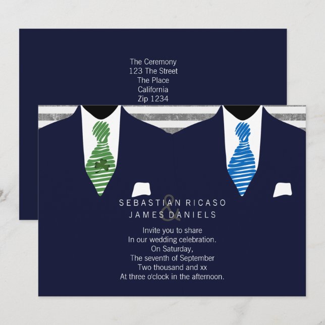 Anzug und Krawatte Gay Wedding (Marine) Einladung (Vorne/Hinten)