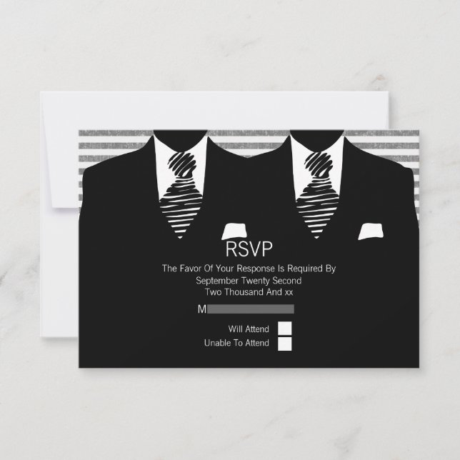 Anzug und Krawatte Gay Wedding RSVP Karte (Vorderseite)