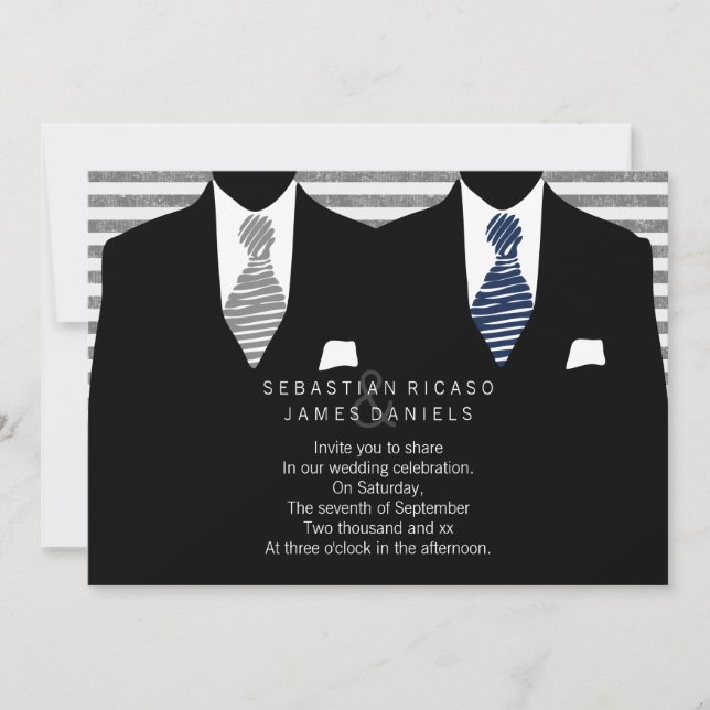 Anzug und Krawatte (grau / blau) Gay Wedding Einladung (Vorderseite)