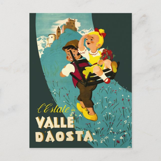 Aostatal, Junge und Mädchen wandern auf dem Berg Postkarte (Vorderseite)