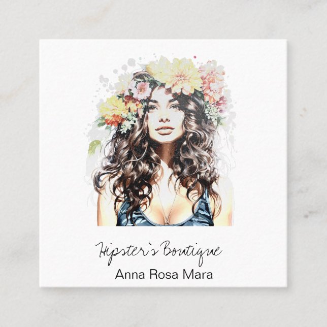 *~* AP57 Boho QR Floral Wild Hippie Frau Quadratische Visitenkarte (Vorderseite)