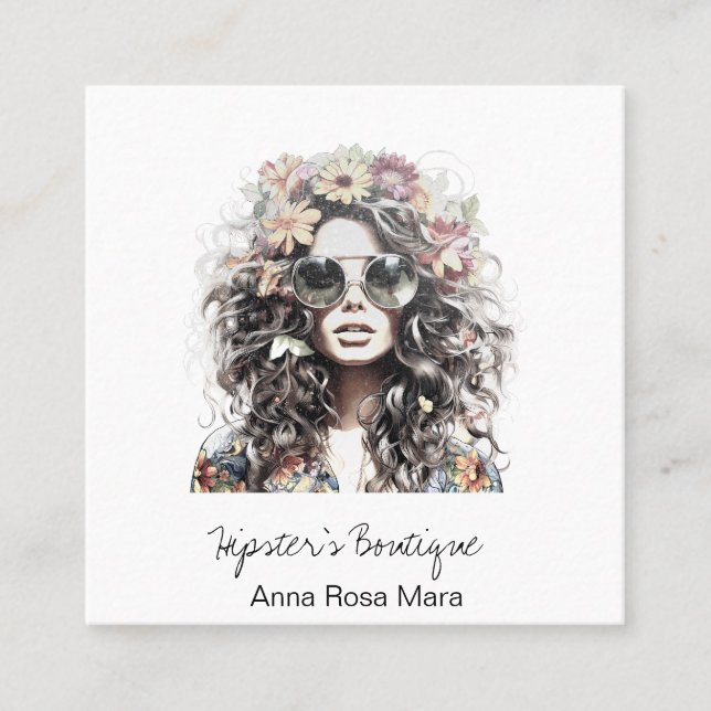 *AP57 Boho QR Floral Wild Hippie Girl Quadratische Visitenkarte (Vorderseite)