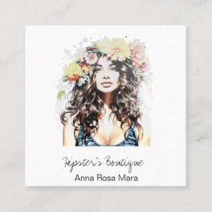 *~* AP57 Boho QR Floral Wilde Hippie-Frau Quadratische Visitenkarte