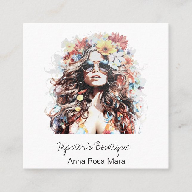 *~* AP57 Boho QR Wild Floral Hippie Frau Quadratische Visitenkarte (Vorderseite)