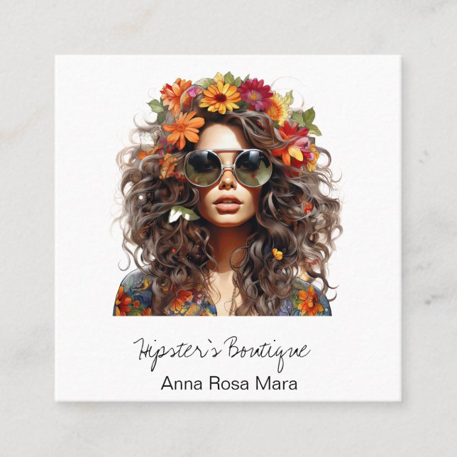 *AP57 Orange Boho QR Floral Wild Hippie Girl Quadratische Visitenkarte (Vorderseite)